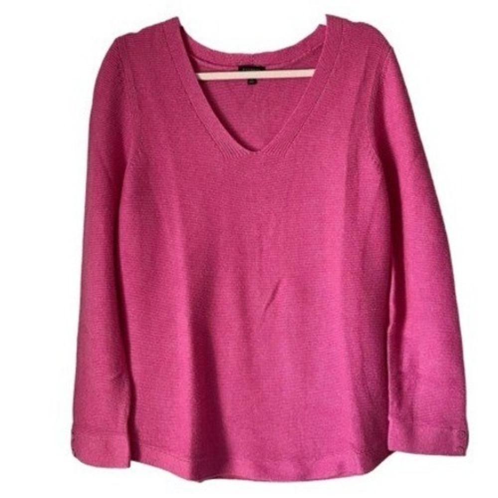 S4 Talbots Sweater Pink V-Neck Button Cuff Garter Stitch Preppy Long‎ Sleeve